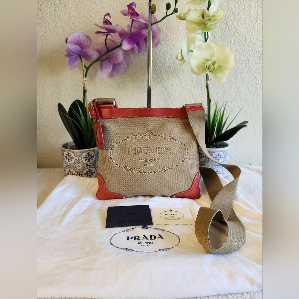 💥Authentic💥PRADA LOGO JACQUARD Canvas Leather Shoulder Bag